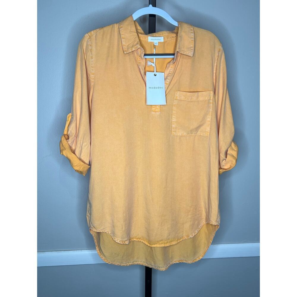 Mododoc Tencel Button Blouse Yellow Hi Low Shirt NWT Sz S - Picture 2 of 6